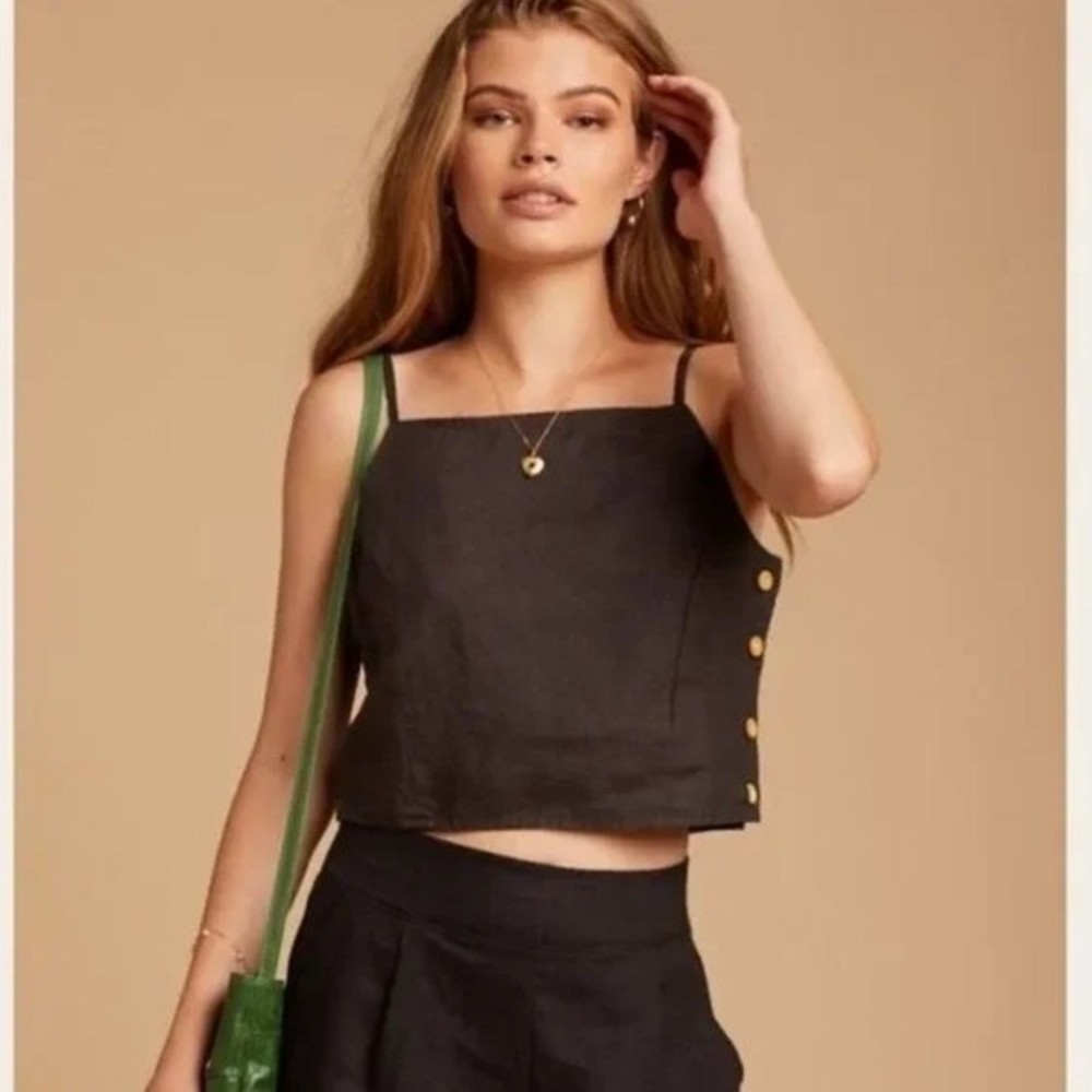 NWT Mate The Label Womens Black Spaghetti Strap Issa Linen Boxy Crop Top